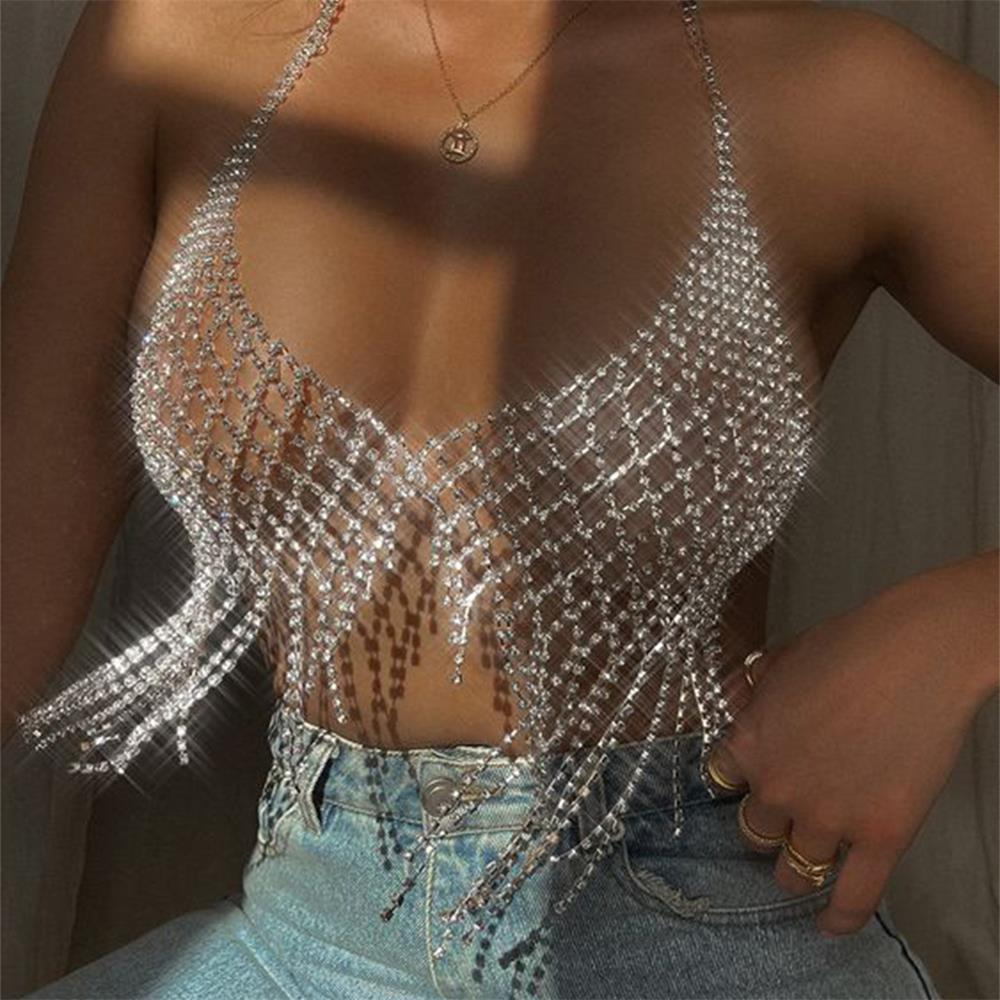 AliExpress Explosions Accessories European and American Nightclubs Shiny Tassel Chest chain Grid Rhinestone body chain