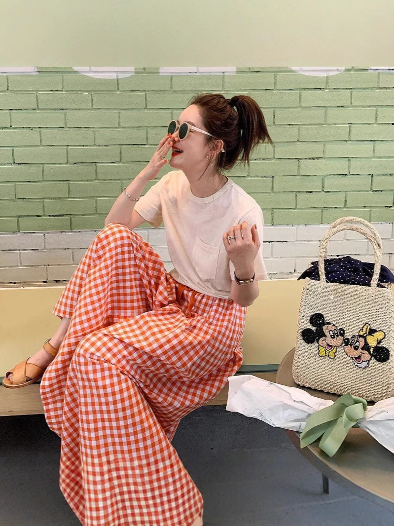 Picture of Summer New 2025 New Arrival Plaid Wide-Leg Culottes Elasticated High Waist Slimming All-Match Trousers Loose Casual Pants for Women