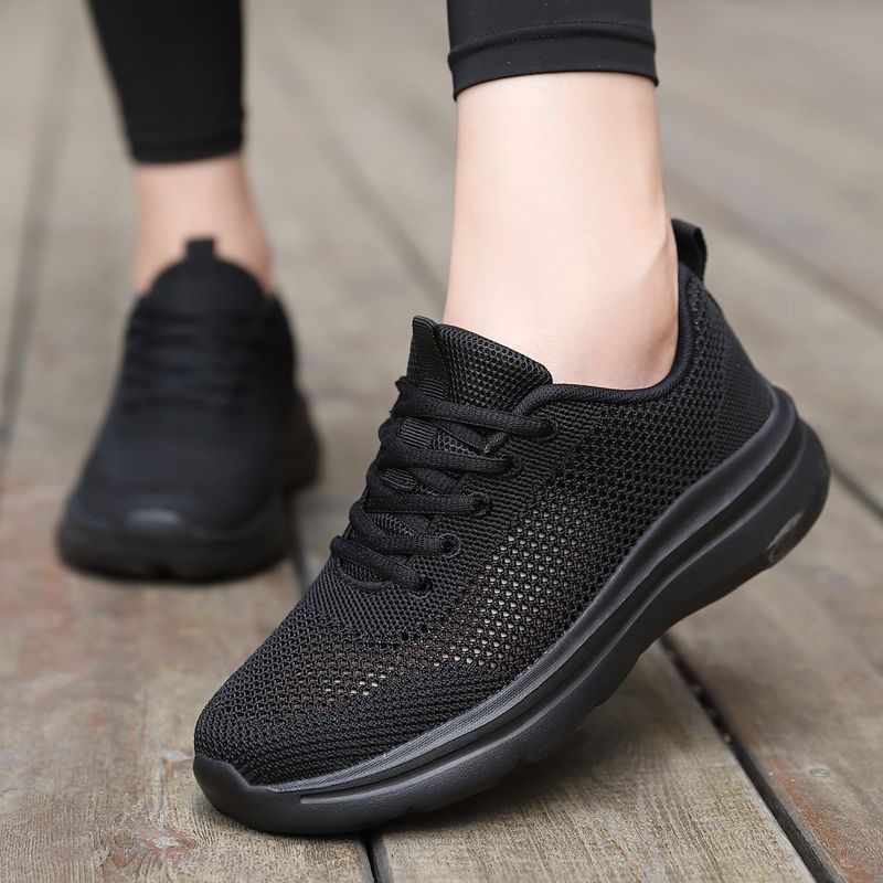 Summer Hollow Breathable Mesh Casual sneaker Women's Soft Sole Lightweight Running Mesh Shoes All Black Work Shoes