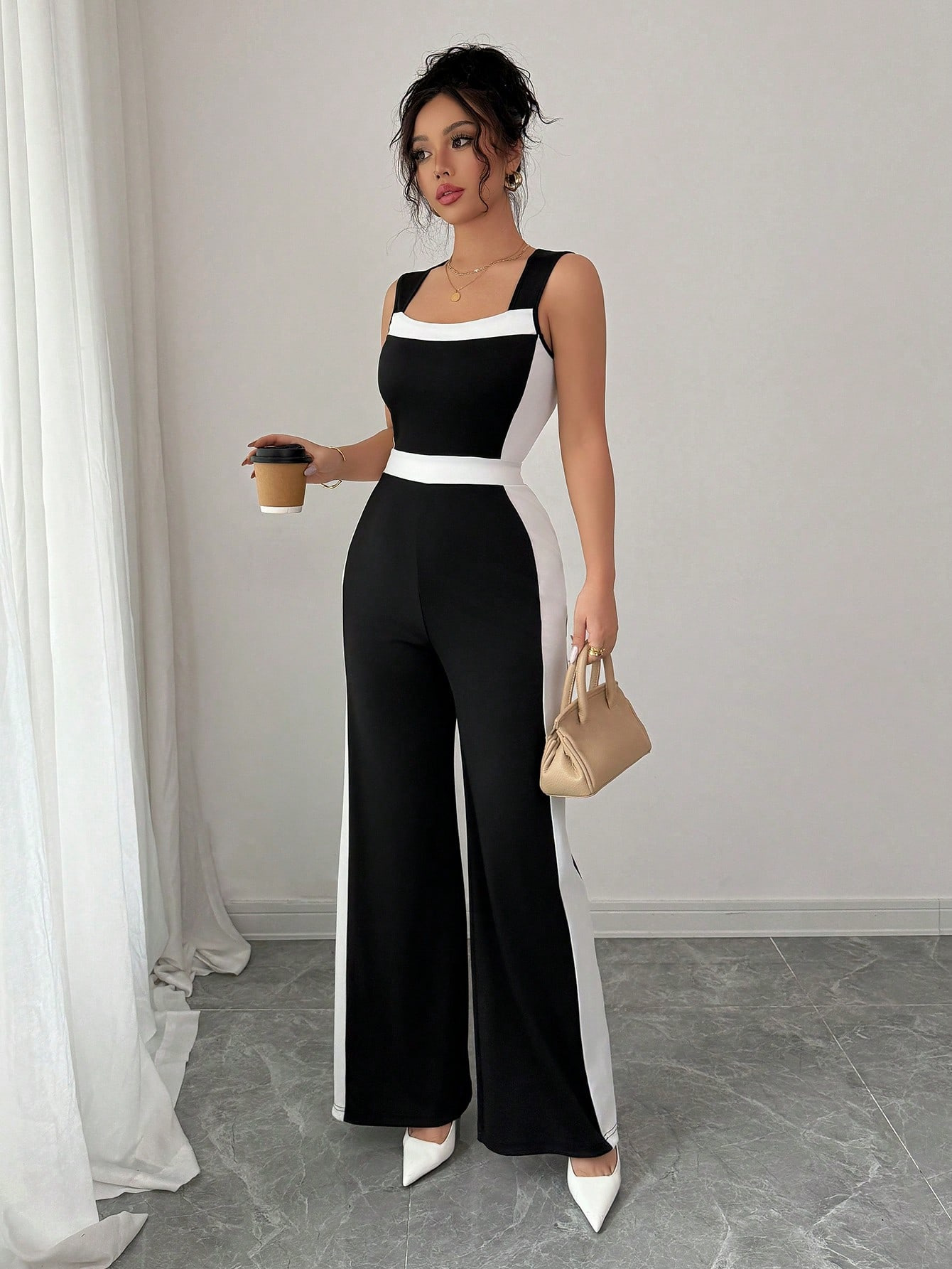 Picture of Cross-border European and American clothing 2025 women's spring and summer vacation style European and American temperament color-blocking sleeveless wide-leg jumpsuit
