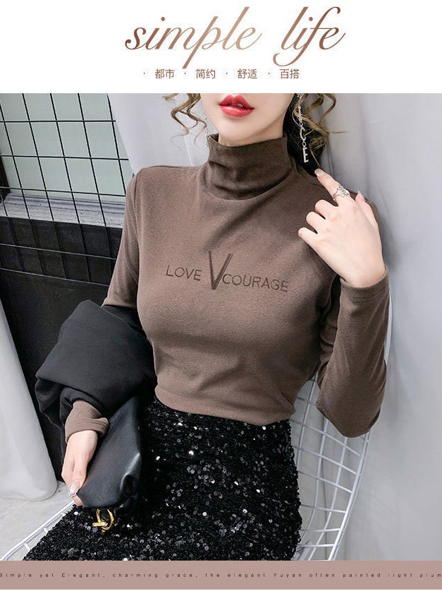 Women's Autumn and Winter High Collar Velvet Base Shirt with Embroidered fleece-lined Letter Warm-keeping Foreign-style Slim-fit Long-sleeved Top