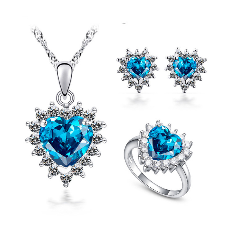 European and American Cross-border Copper Zircon Necklace Earrings Ring Ocean Heart Crystal Set Valentine's Day Gift 997