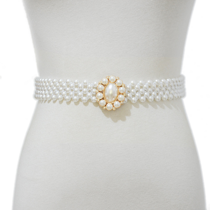 New fashion European and American women's Pearl elastic belt Women's Pearl Rhinestone inlay decorative dress belt