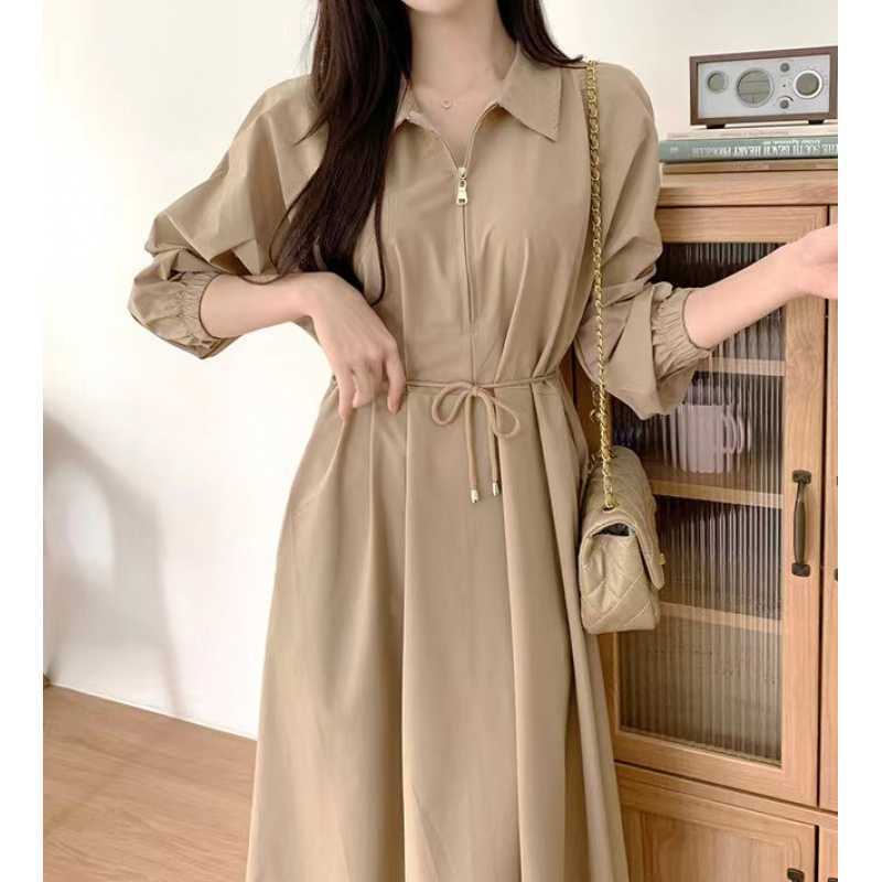 South Korea French lapel design waist lace dress