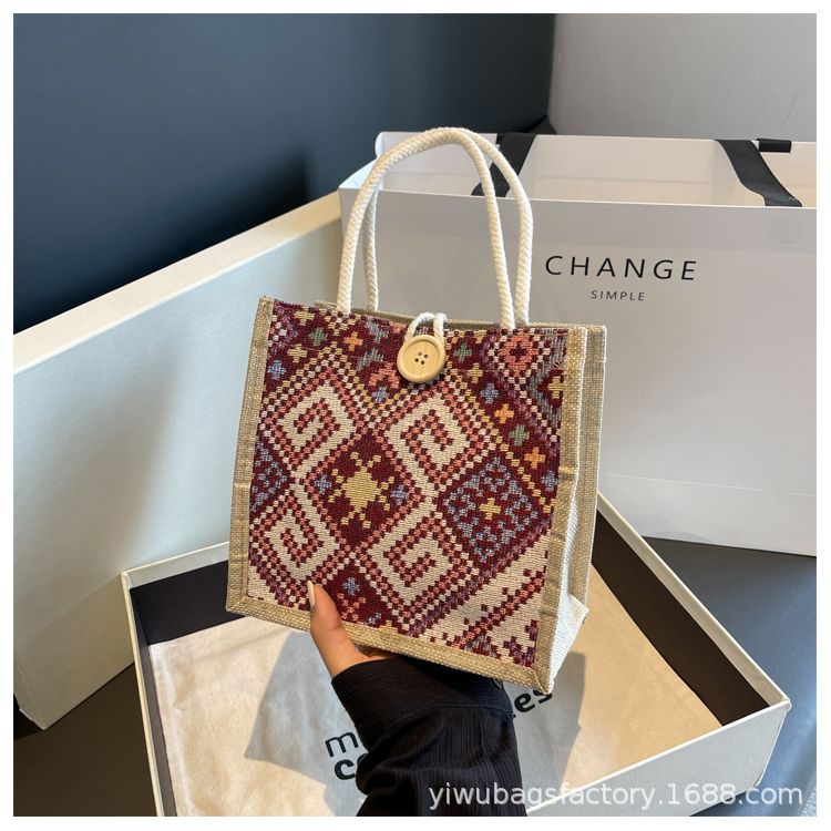 Ethnic Style Women's Summer New Fashion Outing Satchel Linen Lunch Box Lunch Bag Hand-carrying Mommy Bag Canvas Bag