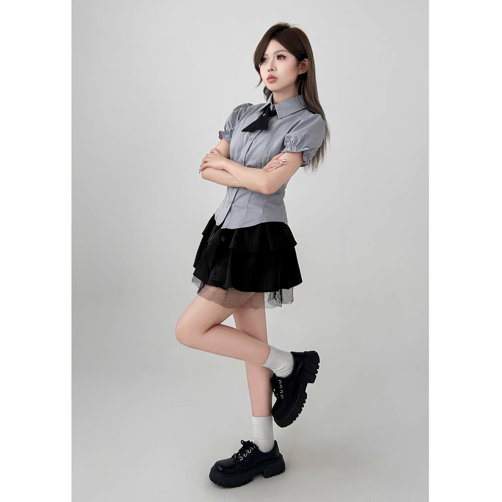 2025 Summer New High Waist Slimming Puffy Skirt Women's Black A- line Lace-up Hip Cake Short Skirt
