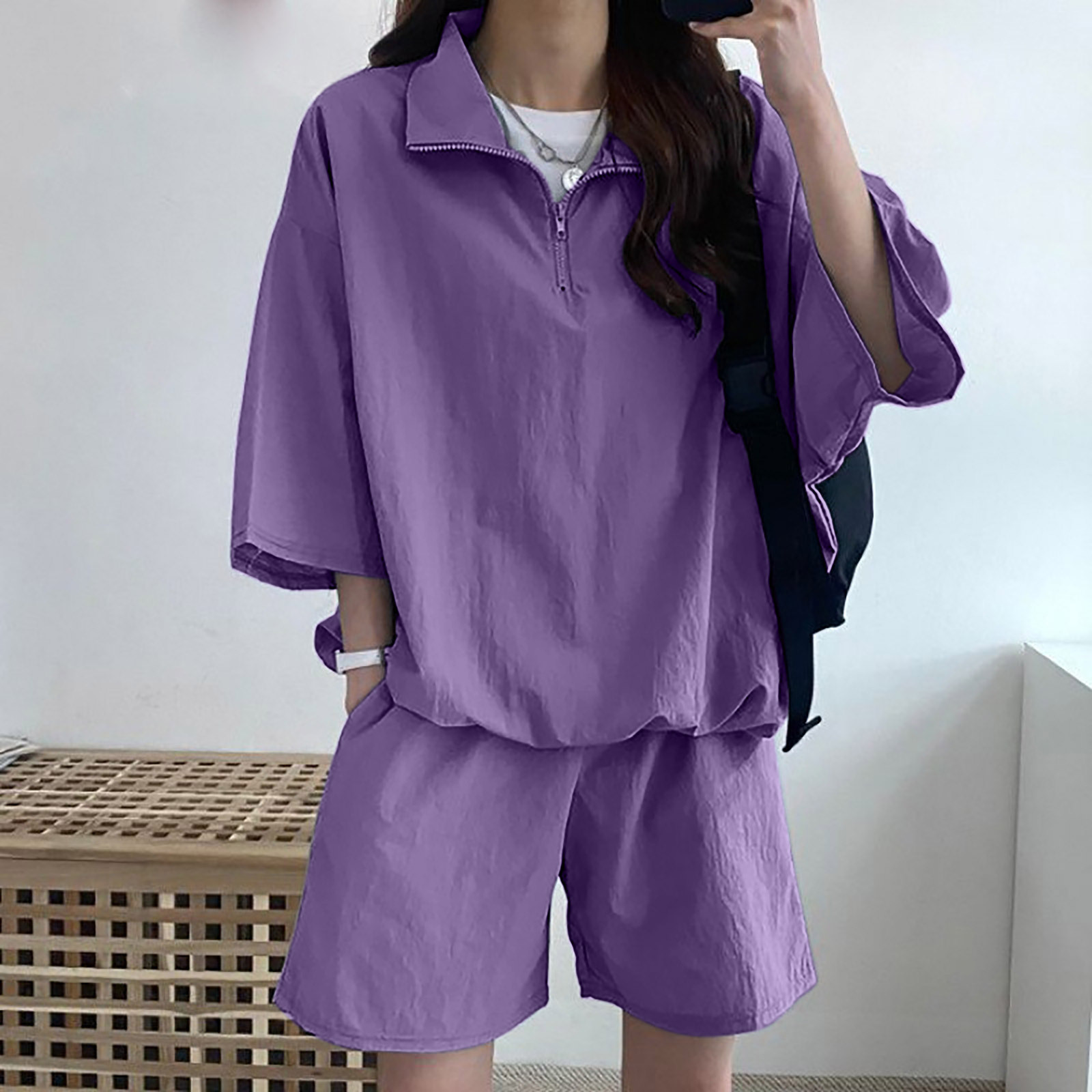 Zipper Short-sleeved Shorts Women's Two-piece Set Students Summer Korean Style Fashionable Casual Sportswear suit Loose High Collar