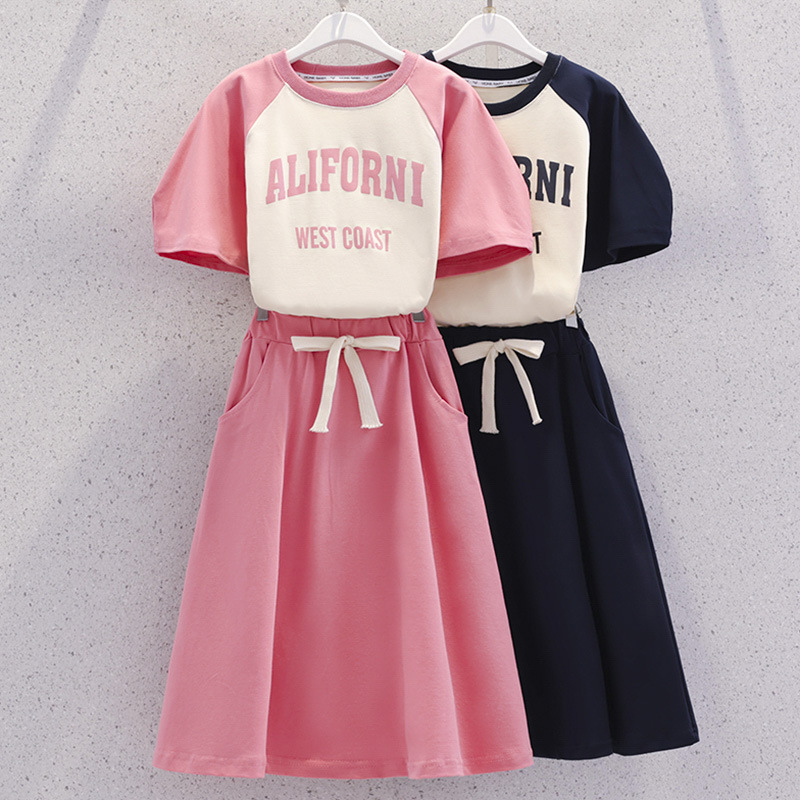 Girls' casual suit skirt children's clothing summer new western style children's letter short sleeve top skirt two-piece thin