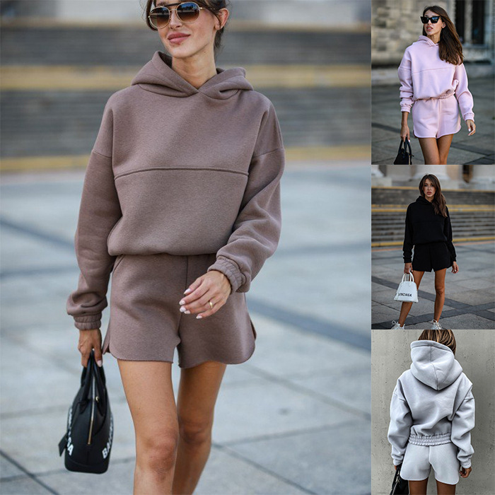 ebay Amazon wish hot sale European and American cross-border autumn and winter hot sale solid color long sleeve shorts sweater suit women