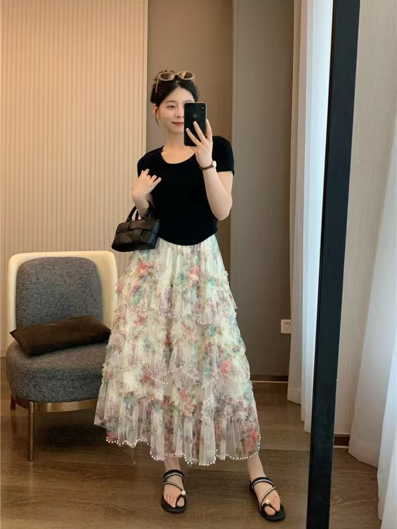 Domestic trade with beads four seasons commuter floral gentle wind sweet wind gauze cake skirt