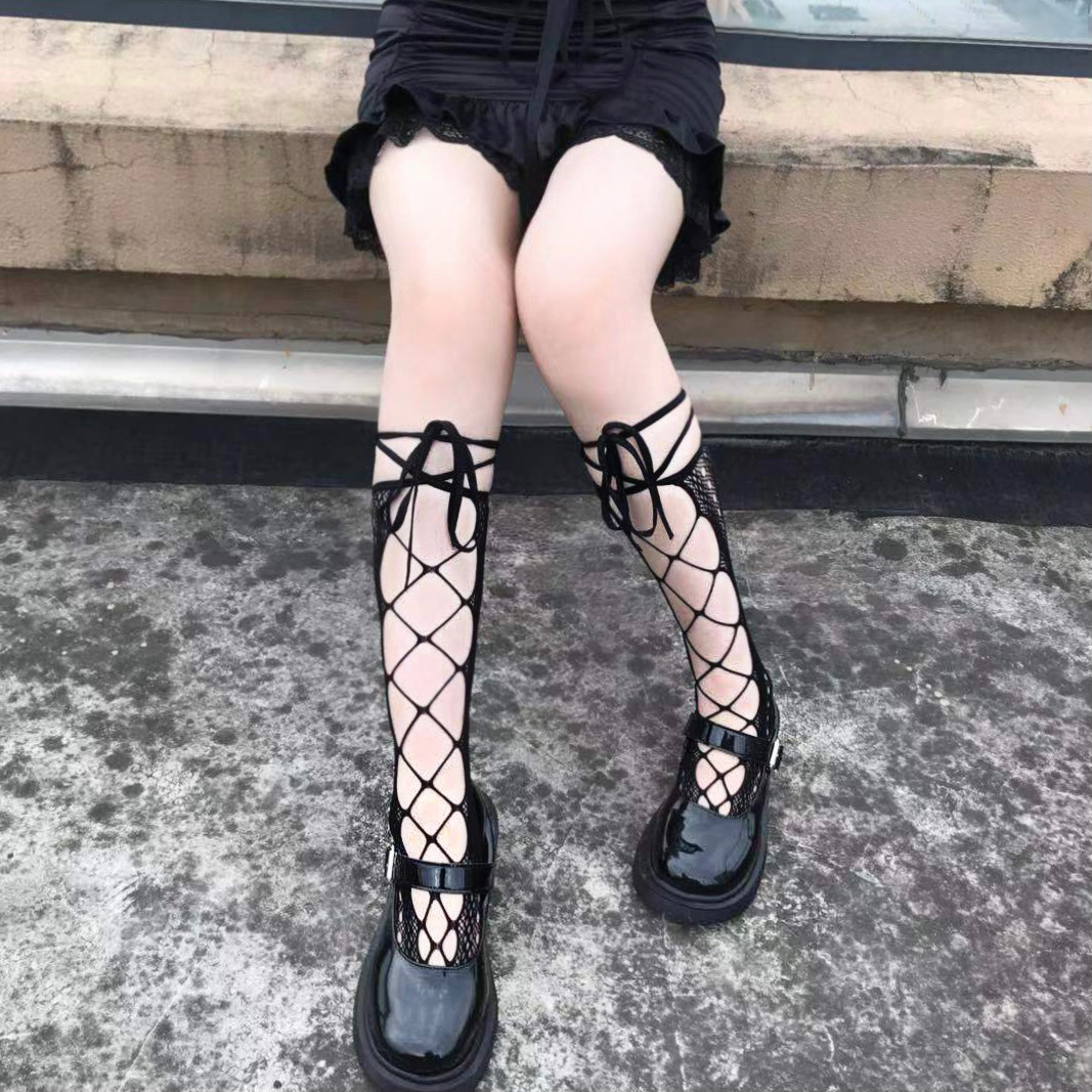 Japanese Hollow Cross Strap Calf Socks Sweet Bow Lace Stockings jk Mid-length Stockings lolita lolita