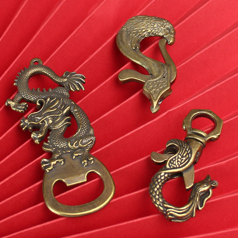 Brass Long Line Bottle Opener Small Bronze Creative Wine Bottle Opening Phoenix Buckle Eagle Button Pure Copper Keychain Accessories Accessories