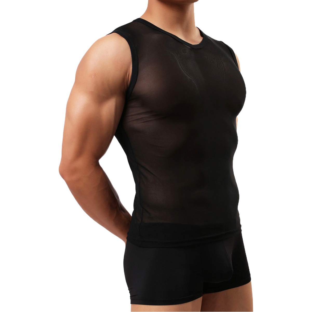 Muscle Macho See-Through Mesh Vest Sleeveless Round Neck Men's Vest Men's Model Tight Transparent Top E671
