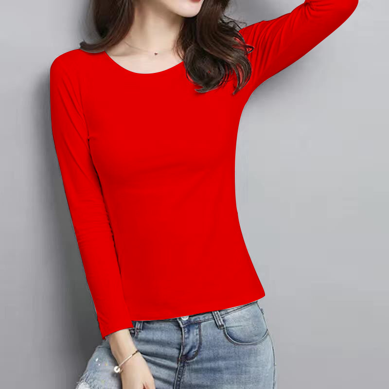 Picture of Women's Korean-Style Slim-Fit Long-Sleeve Base Shirt, Versatile Plus-Size Solid Color Top, Round Neck for Spring and Autumn