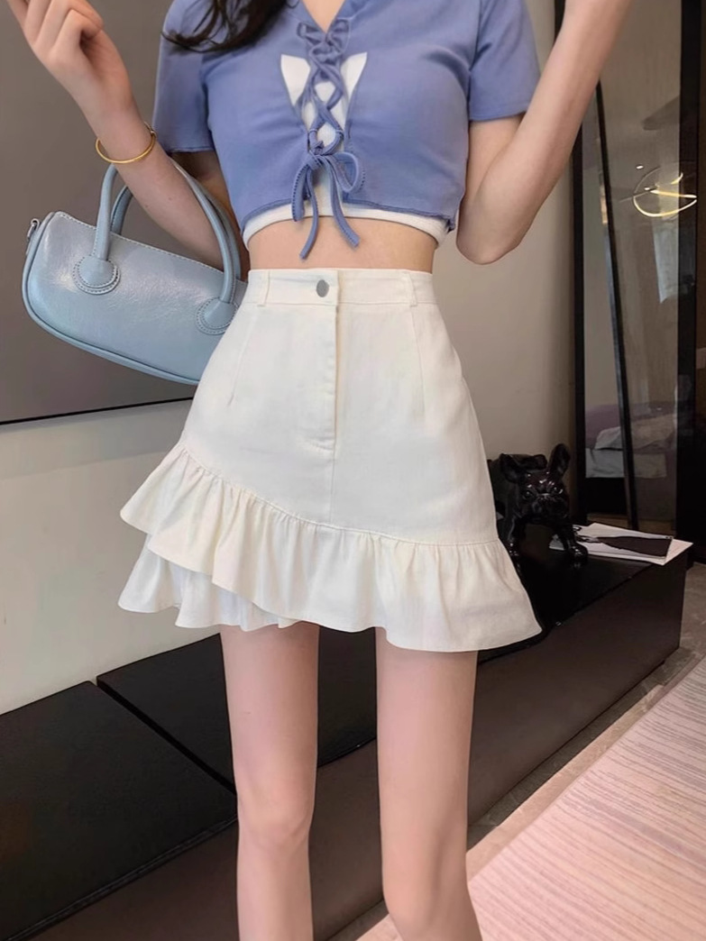 Ruffled Denim Skirt Women's Summer Anti-exposure High Waist A- line Fishtail Skirt Slimming Base Hot Girl Short Skirt