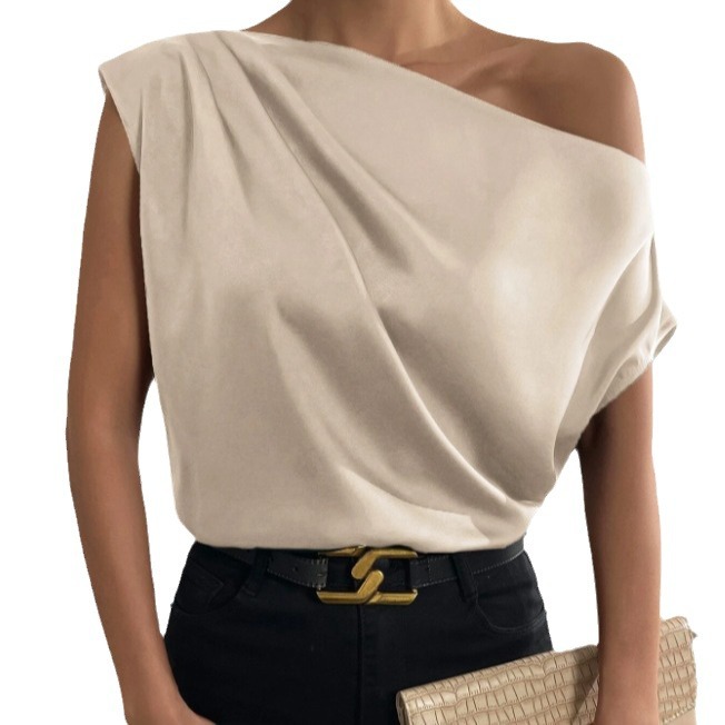 Picture of 2025 Spring Solid Color Satin Simulated Silk Irregular Sloping Shoulder One-Neck Pullover Sleeveless Shirt Women's European and American Clothing