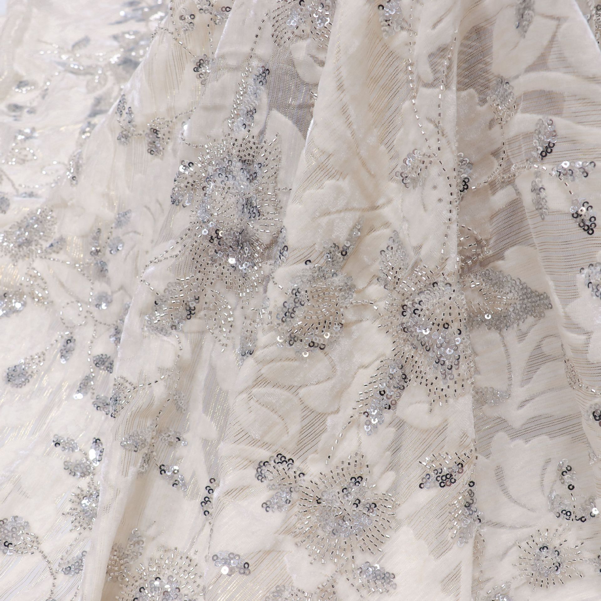 Picture of White Spot 3D Stereo Flower Bead Tube Embroidered Gold Line Woven Gold Sequin Wedding Dress Women's Dress Fabric