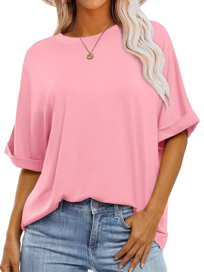 Summer Export Export Cross-Border Amazon Ebay Aliexpress 2025 New Round Neck Rolled Sleeve Loose T-Shirt for Women