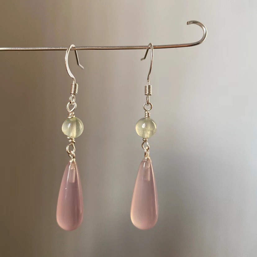 Jasper Pink/New Chinese Style Retro Earrings Niche High-end Earrings Women's National Style National Fashion Elegant Water Drop Ear Clip