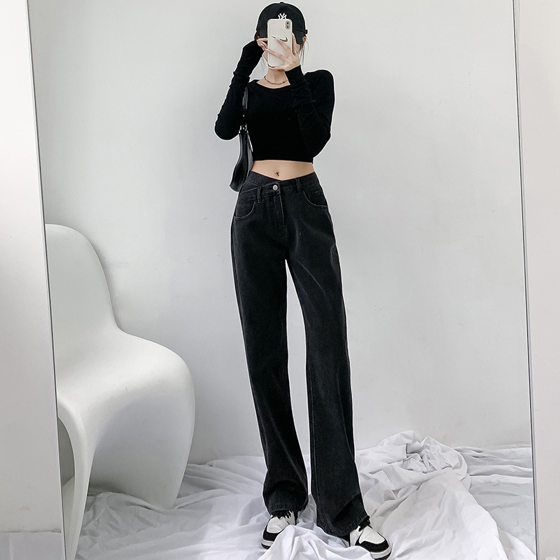 Picture of Spring and Autumn 2022 New Black High Waist Small Wide Leg Jeans Women's Autumn Loose Straight Pants