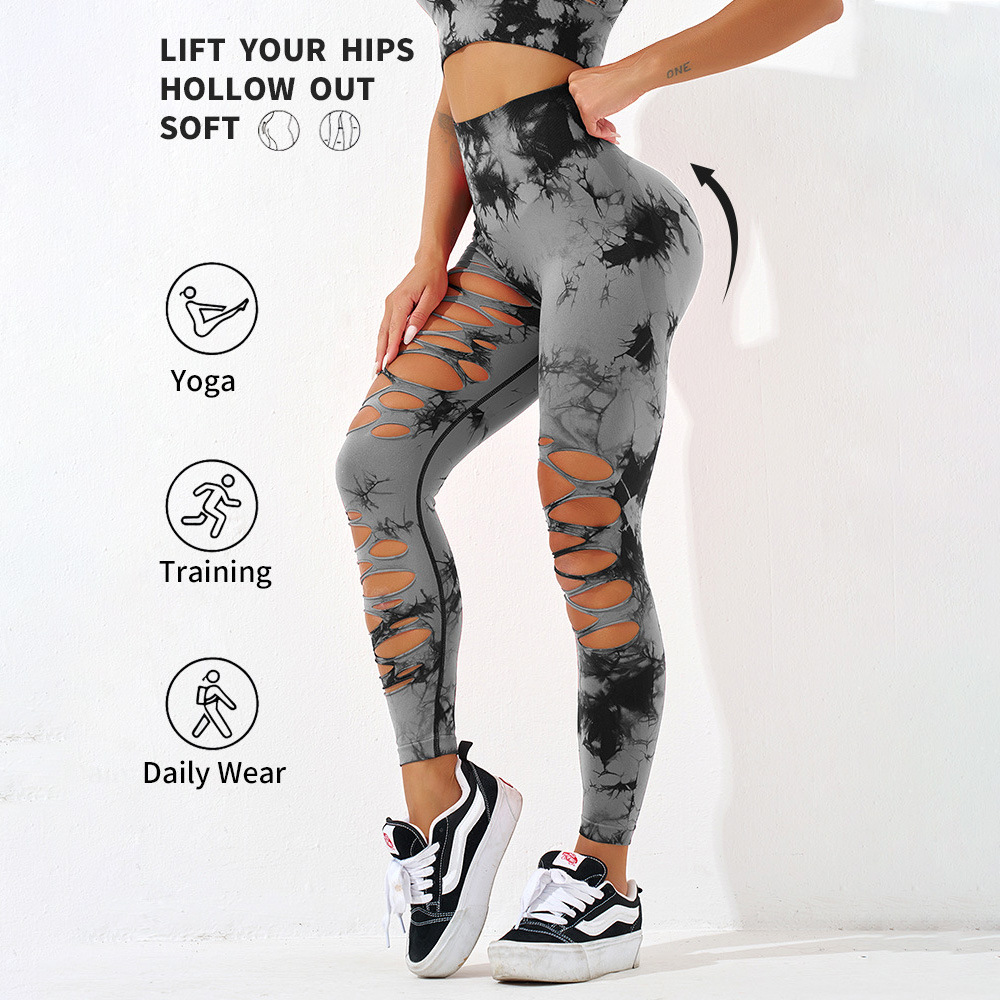 European and American Tie-Dye Hole Yoga Pants Sexy Hip Hollow Sports Tight Pants Women's High Waist Peach Hip Yoga Pants