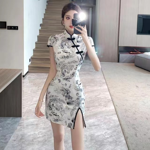 Chinese Style Girl's Printed Daily Modified Cheongsam Tight Waist Split Short Summer New Style dress Women