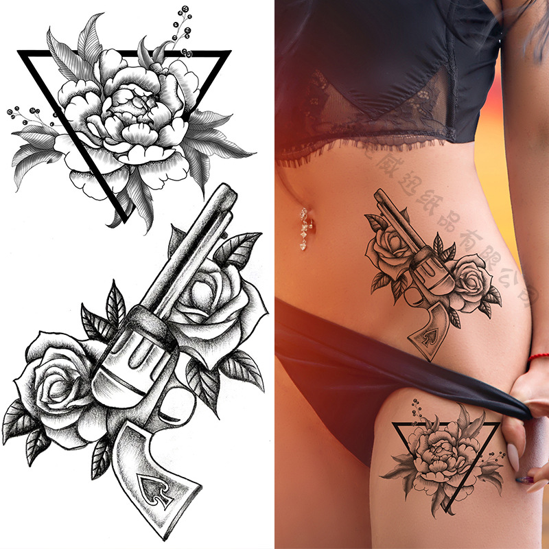 Picture of Cross-Border Supply of Sketch Flower Tattoo Stickers, Sketch Tattoo Stickers, Rose Flower Black and White Flower Tattoo