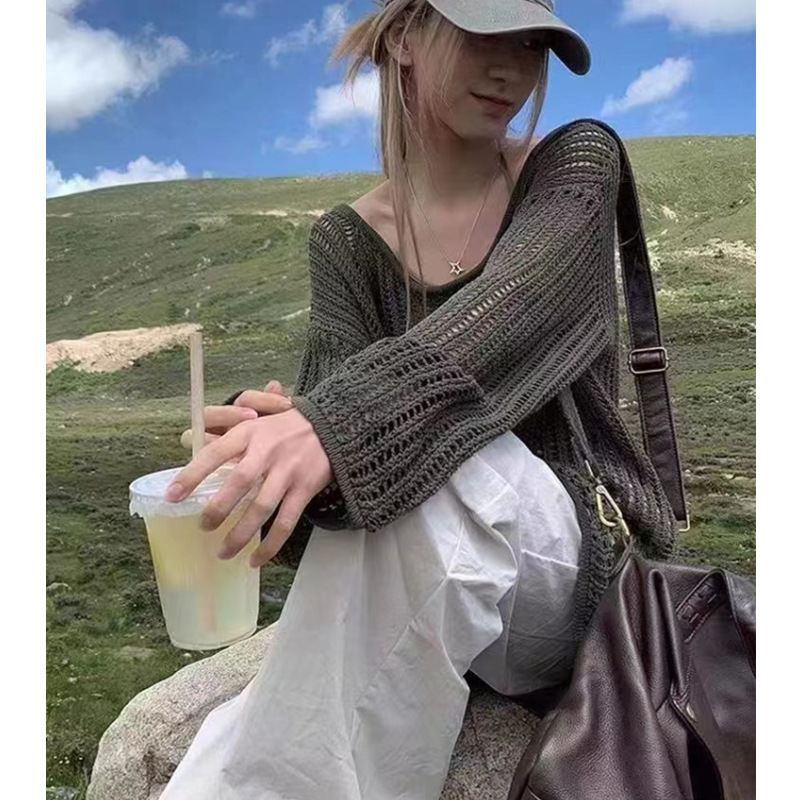 Picture of Women's Summer Thin Long Lazy Air-Conditioned Shirt High-End Top Long-Sleeved Hollow Sweater