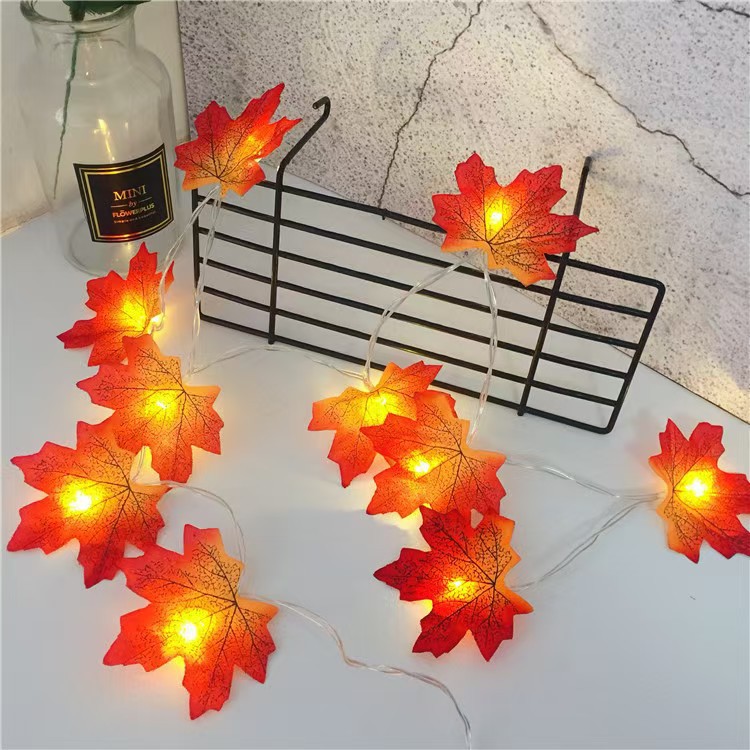 Picture of Autumn send cool maple leaf pumpkin atmosphere lamp room decoration outdoor fence hanging lamp LED lamp string
