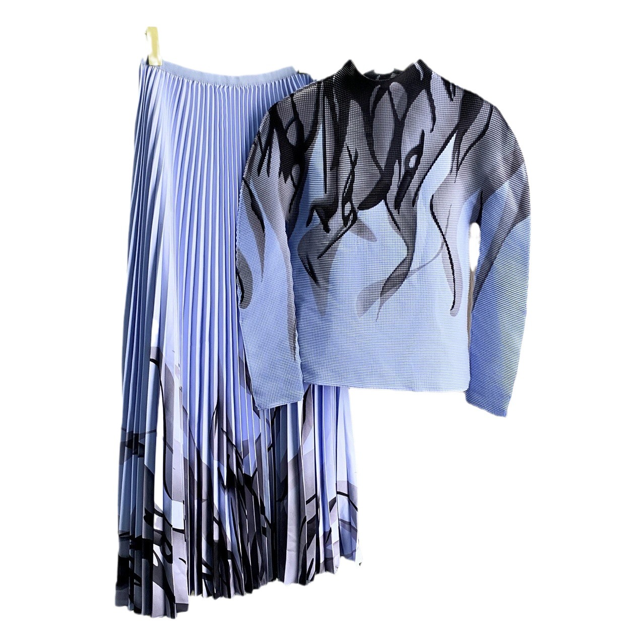 European Station 2023 Autumn New Fashion Stripesd Long-Sleeved Top Design Printed Skirt Suit Two-Piece Set for Women