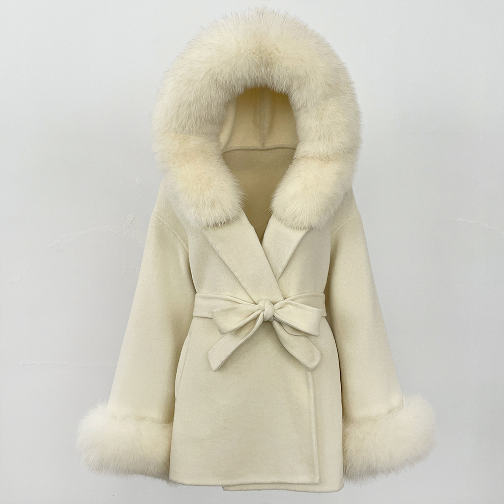 Picture of New Hooded Color-Blocked Fox Fur Collar Autumn and Winter Double-Sided Wool Outwear Women's Cloak Waist Thickeneded Woolen Outwear