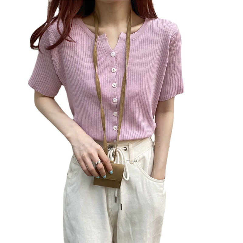 Picture of Summer 2025 New Knitwear Women's Korean Style Thin Bottoming Shirt Pure Color Slimming Look Versatile Single-Breasted Short-Sleeved Top