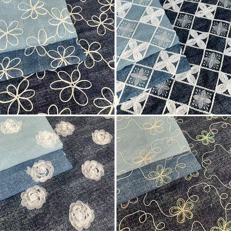 2025 New Three-dimensional Embroidered Denim Fabric Cross-border exclusively for denim dresses, pants, jackets, and bags