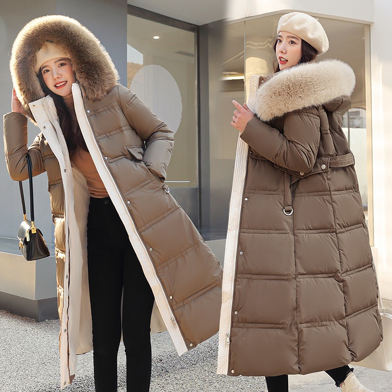 Foreign Trade Winter New Foreign Trade Korean Style Cotton-padded Jacket Women's Long Knee-length Large Wool Collar Cotton-padded Coat Thickened Loose plus size Coat