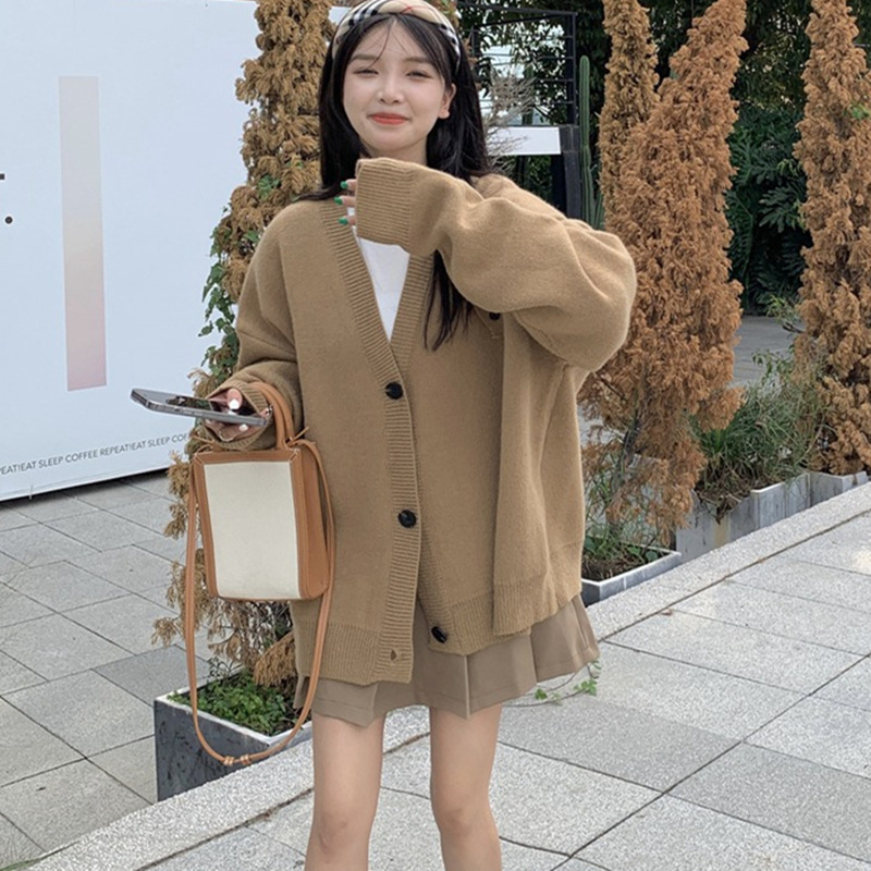 Picture of Lazy Style Sweater Jacket Spring & Fall 2022 New Design Pure Color Loose V Neck Single-Breasted Knitted Cardigan for Women