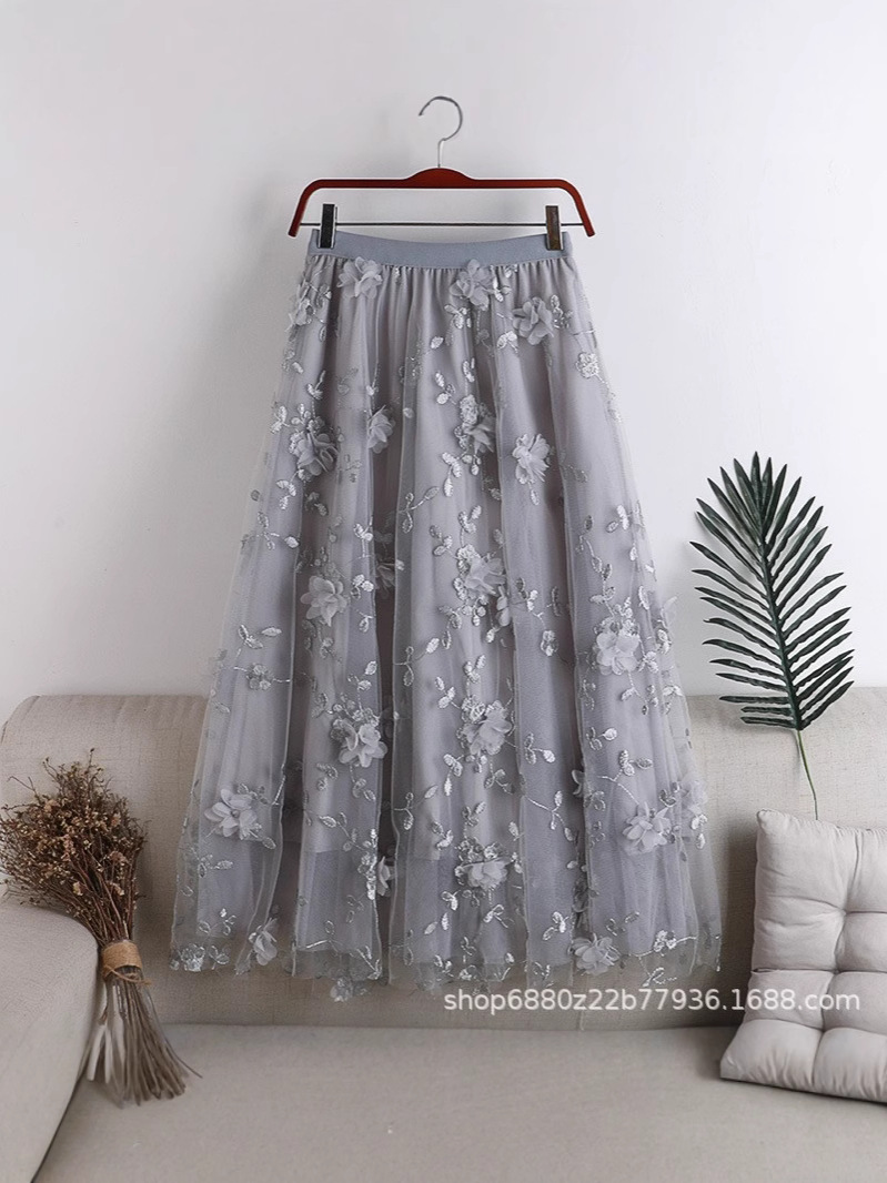 Super Fairy Stereo Flower Embroider Mesh Skirt Autumn and Winter Women's Mid-Length Full-Length Fairy Skirt Long Skirt Slimming Look
