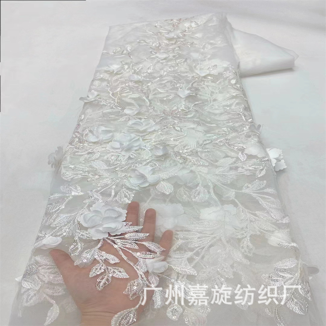 Picture of Embroidered fabric lifelike big flower beads embroidered mesh fashion clothing sequined fabric lace JX346