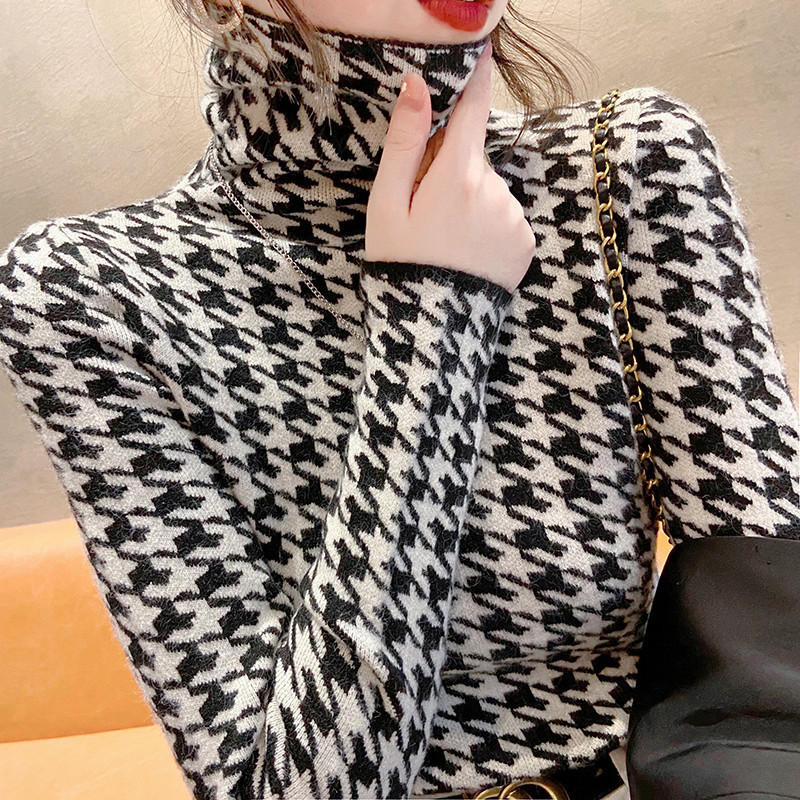 Vintage Houndstooth Sweater Design Sense Thickened High Neck Base Shirt Women's Autumn and Winter New Slim Fit Western Style Knitted Top