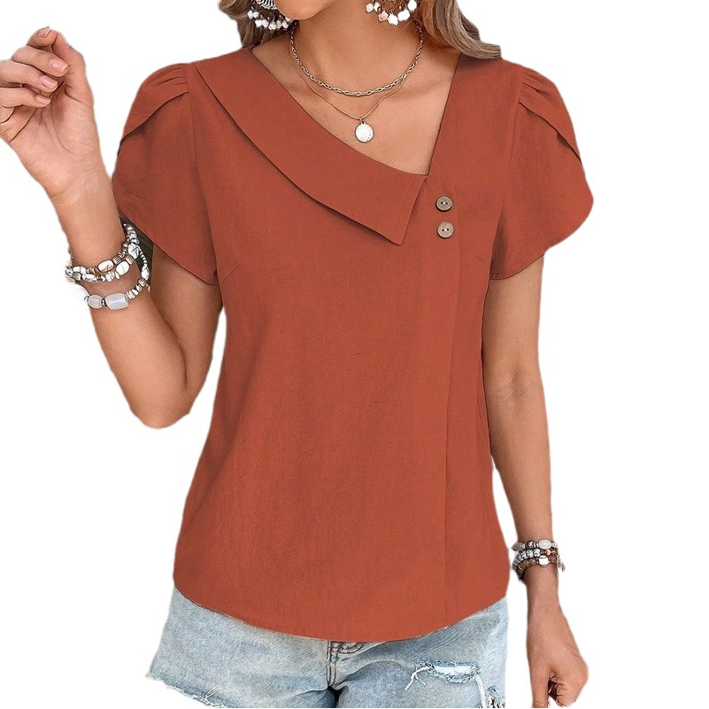 Amazon Tiktoktemu European and American Clothing 2025 Summer New Small Slope Collar Pure Color Washed Cotton Top for Women