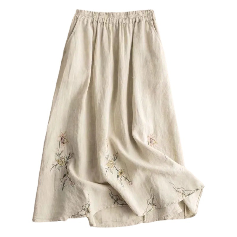 Retro Cotton and Linen Summer Skirt for Women 2022 New Embroidered Pure Color Large Swing Skirt Versatile Slimming Look Mid-Length Skirt for Women