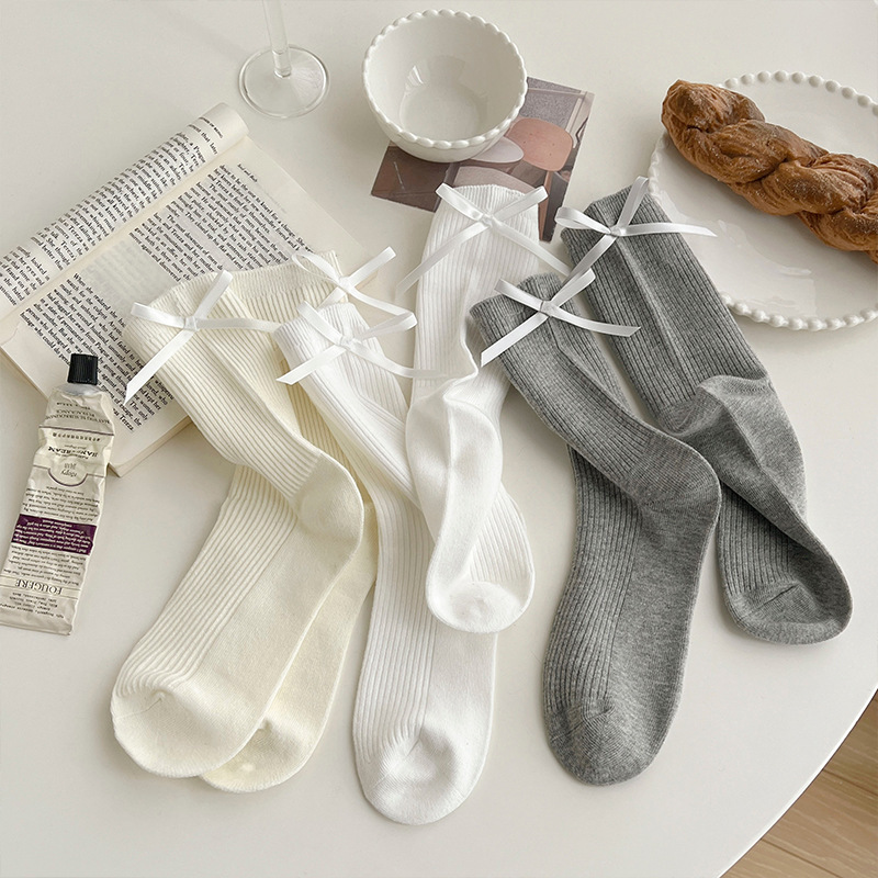 suxinaimin Spring and Summer Milk White JK Socks Women's Mid-length Socks Japanese Bow All-match Stacks Black