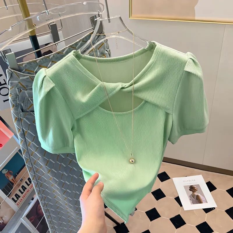 High-end European Station Green Short-sleeved T-shirt Women's Summer Korean-style New Design Sense Niche Puff Sleeve Top