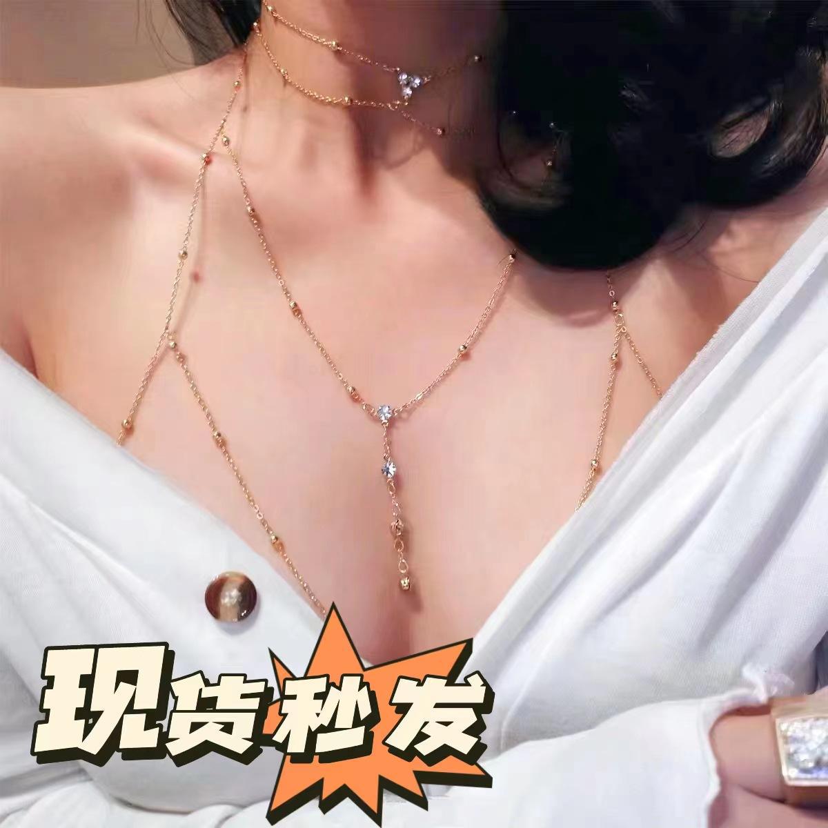 Manufacturers in stock European and American hot girl sexy titanium steel body chain personality tassel flash diamond pendant necklace chest chain women's jewelry