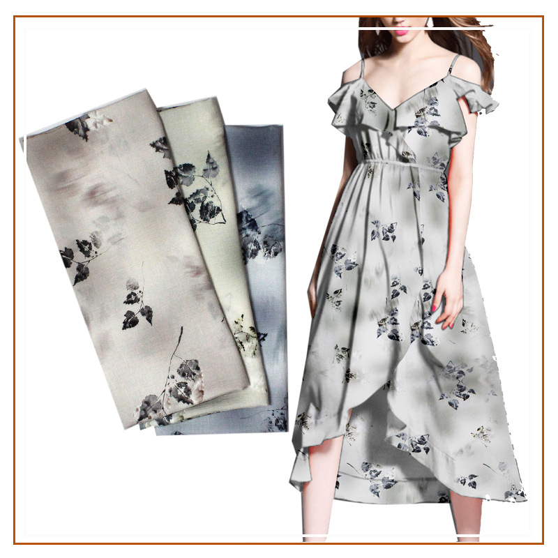 Peach blossom wrinkle Tencel tie-dyed leaves printed fabric shirt dress suspender skirt short skirt top floral fabric