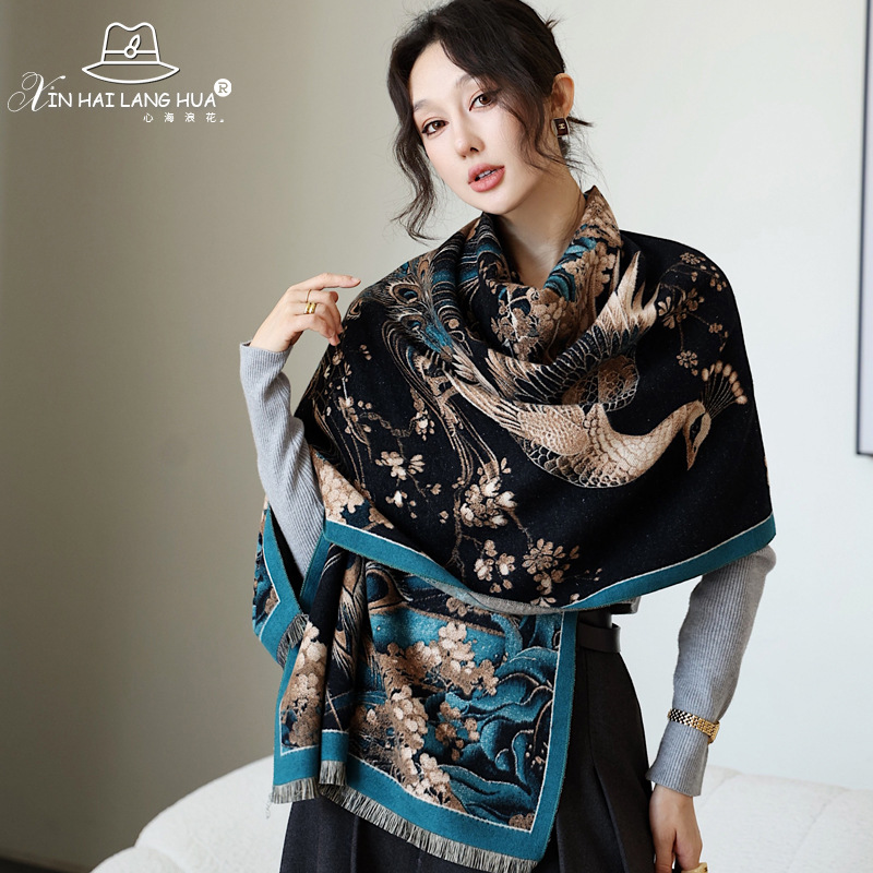 Autumn and Winter New Style Shawl Women's National Style Oil Painting Peacock Scarf Fashion All-match Thickened Warm Neck Dual-use Long Scarf