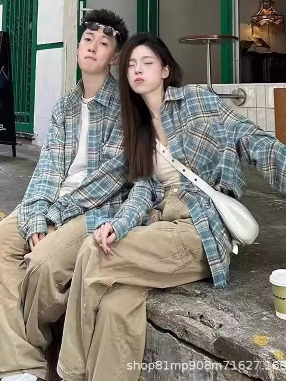 American Retro Tassel Destruction Blue Plaid Long Sleeve Shirt Women's Design Sense Spring and Autumn Couple Shirt Jacket