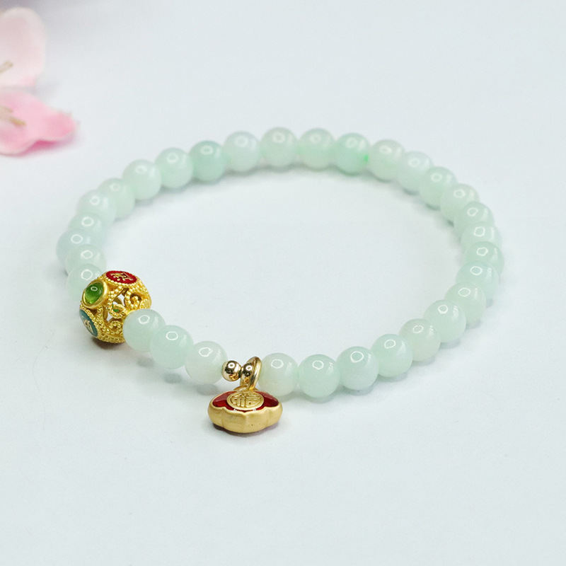 Xinyu Natural Myanmar A Jade Bracelet Jade Round Bead Bracelet Gongting Wind Factory Wholesale FC3090303
