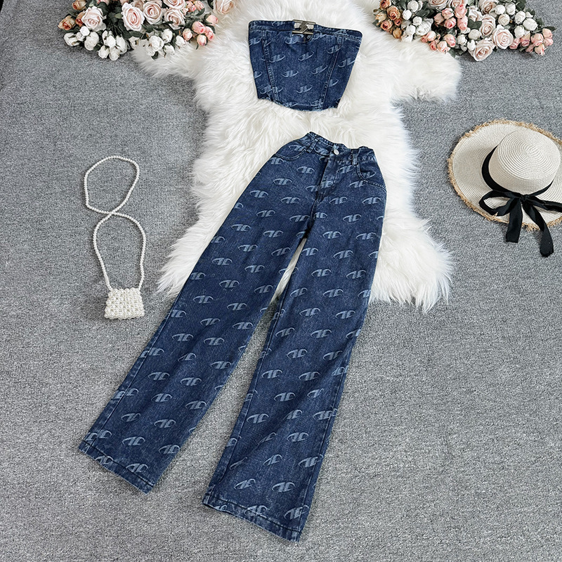 Fashion suit Women's American Style Retro Temperament Strapless Denim Vest Two-piece Casual High Waist Slimming Straight Pants