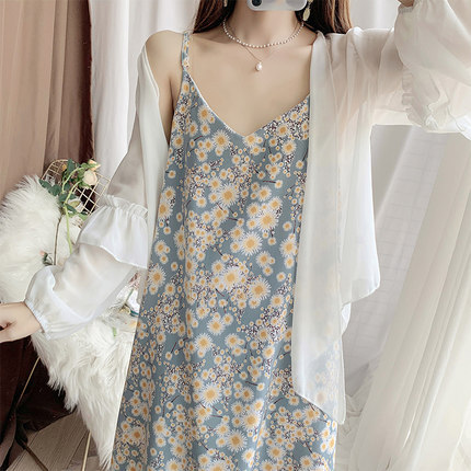 Long-sleeved chiffon shirt with halter skirt floral dress women's summer fashion skirt
