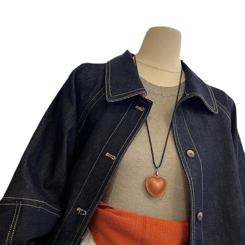 Picture of Japanese Style Washed Lapel Denim Short Coat Early Autumn New Loose A- line Cloak Profile Long-sleeved Casual Top for Women